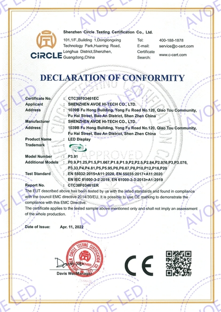 CHINA Shen Zhen AVOE Hi-tech Co., Ltd. Certificações